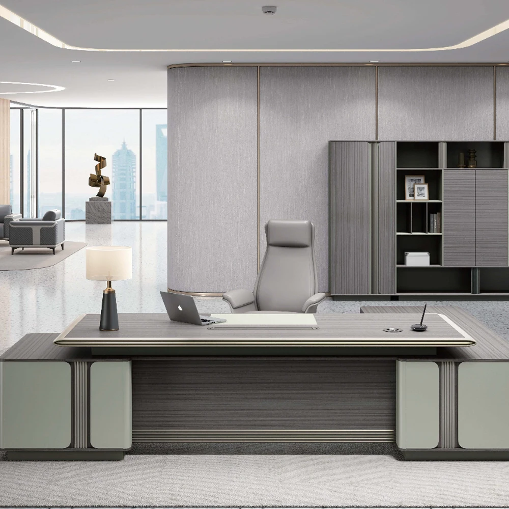 High-End Solid Wood Convertible Executive Office Desk Set Ergonomic Chair Bookcase Modern Sleek Design Spacious Work Office