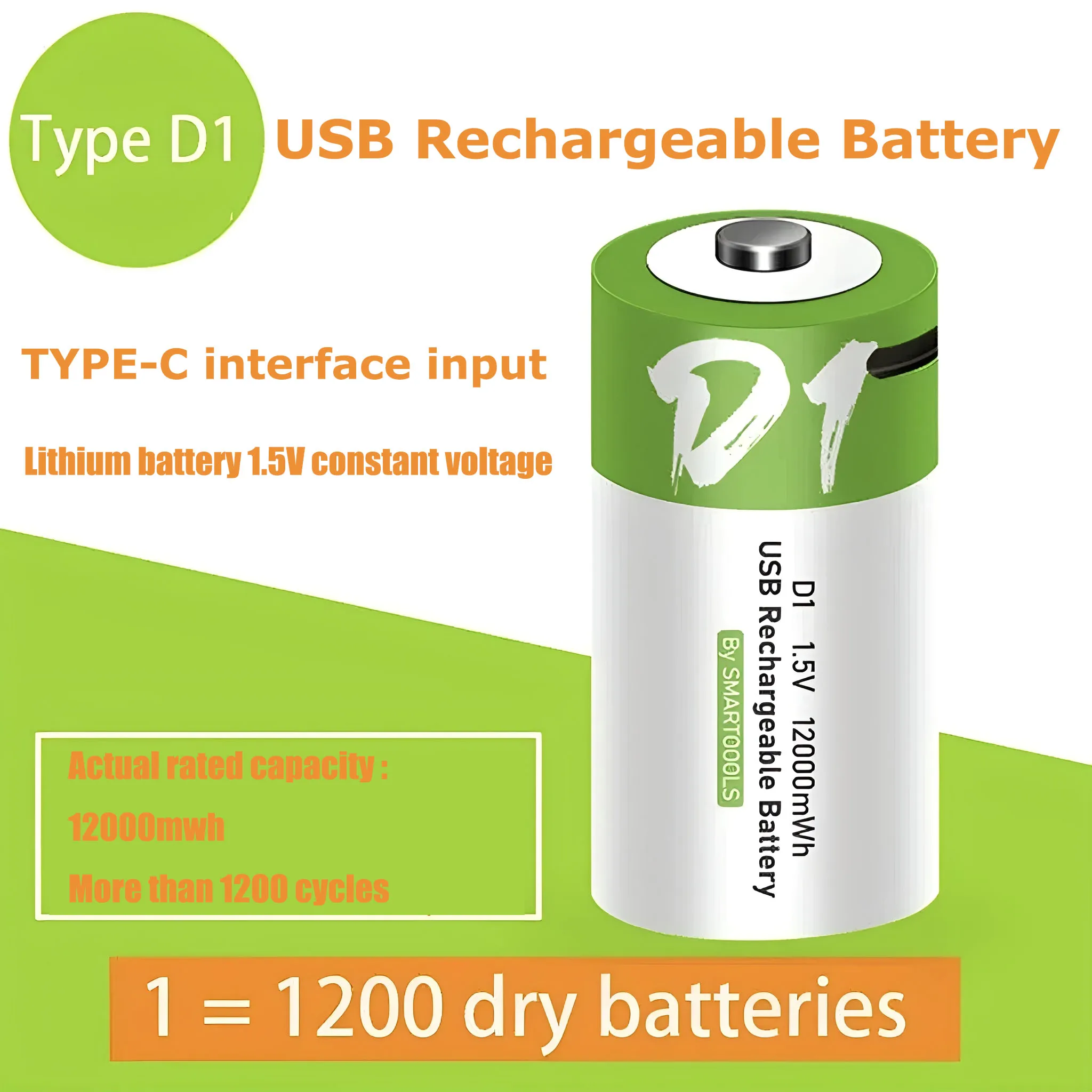 

1.5 V 12000Mwh Rechargeable Battery Tec-C USB Battery D1 Lithium Polymer Battery through C-Typ USB Cable Fast Charging, Durable Capacity, Safe and Leak-Proof