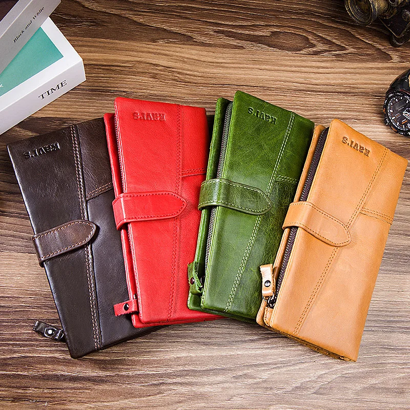 Real leather men's purse long buckle zipper multi-card mobile phone storage large capacity thin travel ladies purse