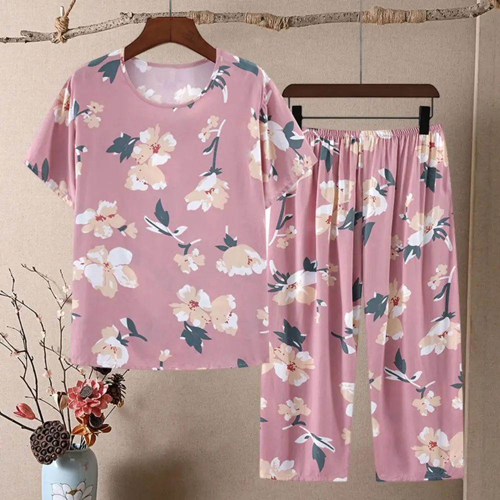 2 Pcs/Set Mid-aged Women Pajamas Set O Neck Flower Print Short Sleeve Elastic Waist Pleated Loose Thin Wide Leg Soft Mother Gran