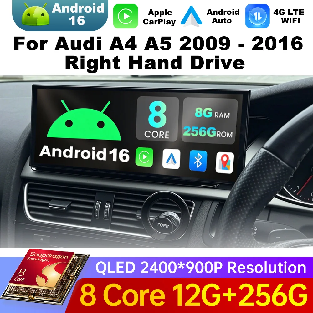 For Audi A4 A5 2009 - 2016 Right Hand Drive GPS Navigation Car Radio Multimedia Video Player QLED Touch Screen Wireless Carplay