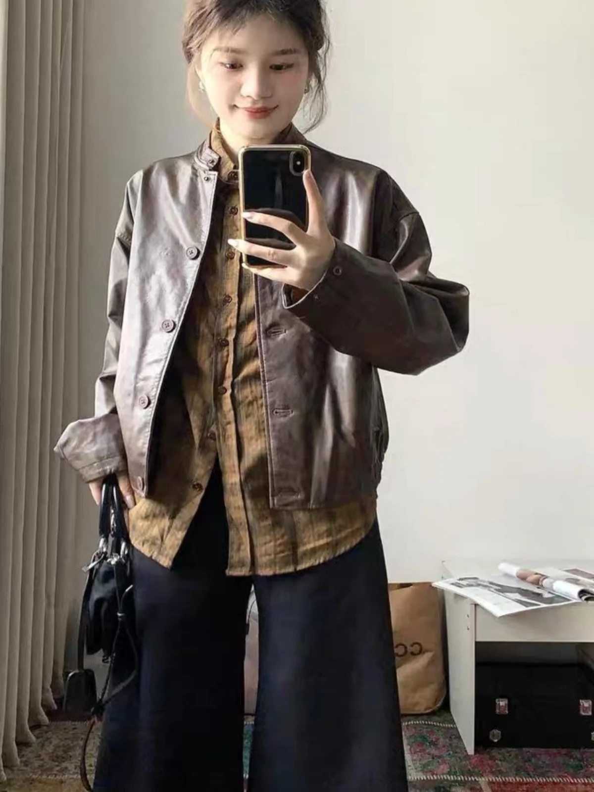 Giacca Americana in Pelle Sintetica Oversize per Donna, Nuova Collezione Primavera Autunno, Stile Vintage con Colletto Alto, Materiale PU