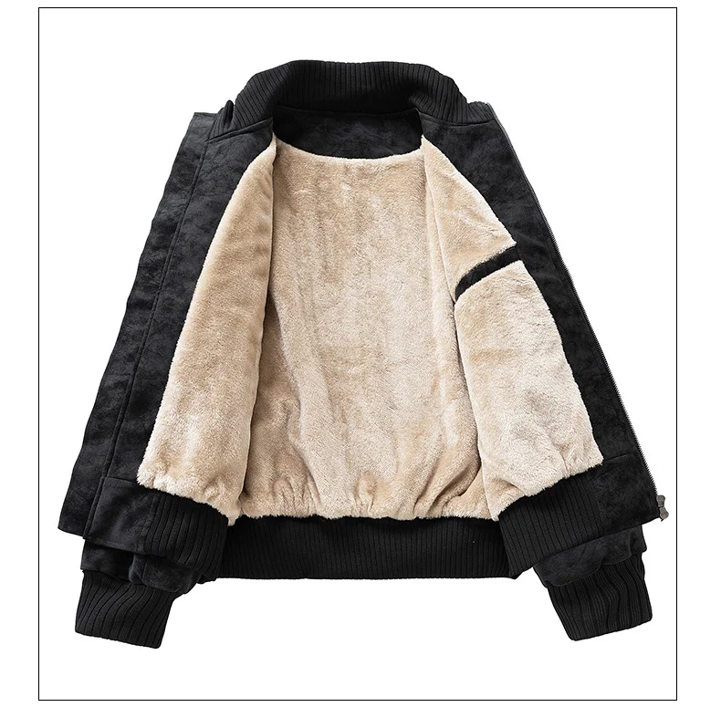 Men Casual Winter Faux Suede Bomber Jacket Stand Collar Parkas Motorcycle Coa Zip Up Warm Thickened Outerwear Fashion 28518
