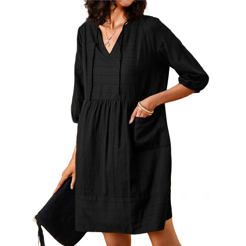 ABP-Vestido feminino de algodão com decote em V casual solto túnica blusa vestidos de verão vestido de férias manga 3/4 bolso