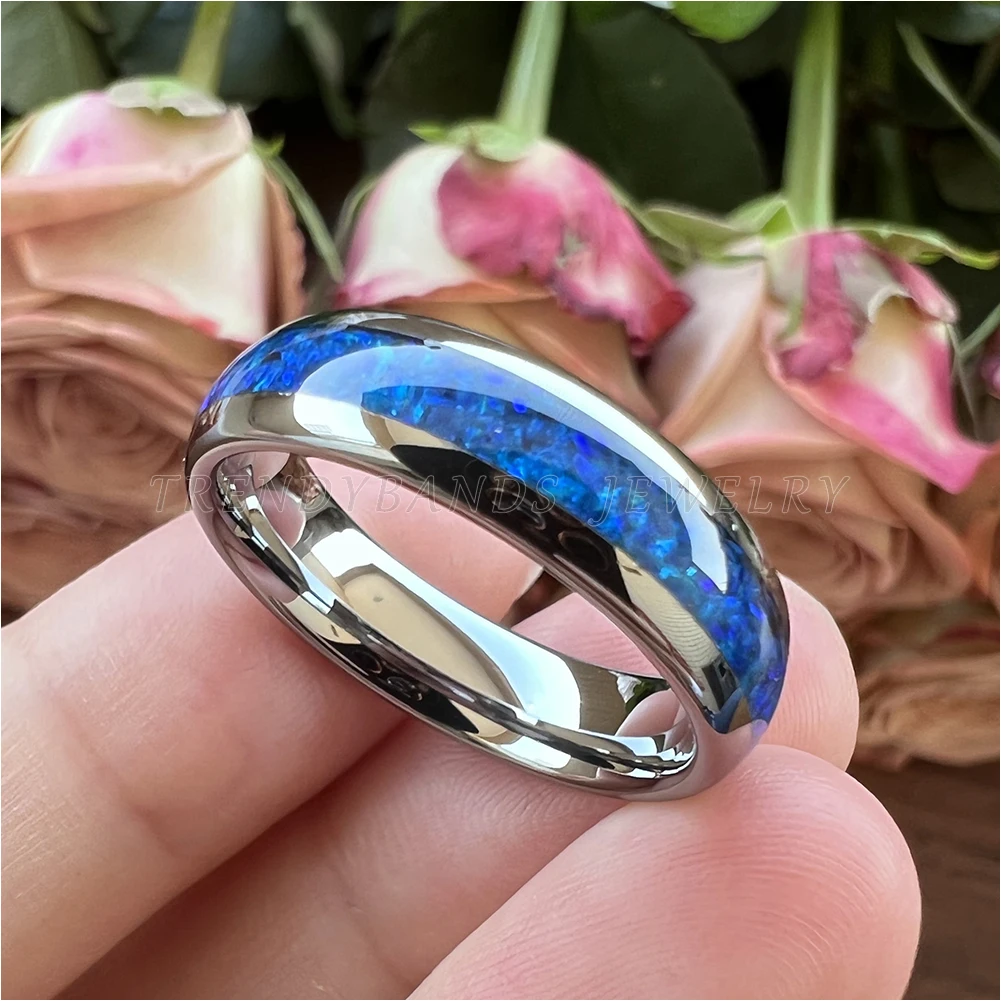 6 mm 8 mm Ringe für Männer und Frauen, Wolfram-Ehering, Modeschmuck, blaue Opal-Inlay, gewölbt, poliert, glänzend, bequeme Passform – Detail 22