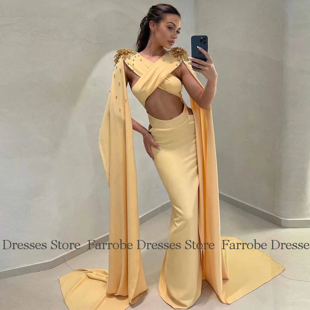 Sexy Prom Dresses 2025 Jersey Sheath/Column Evening Dress Yellow V-neck Criss-Cross Beads 3D flowers Hollow Birthday Dress Long
