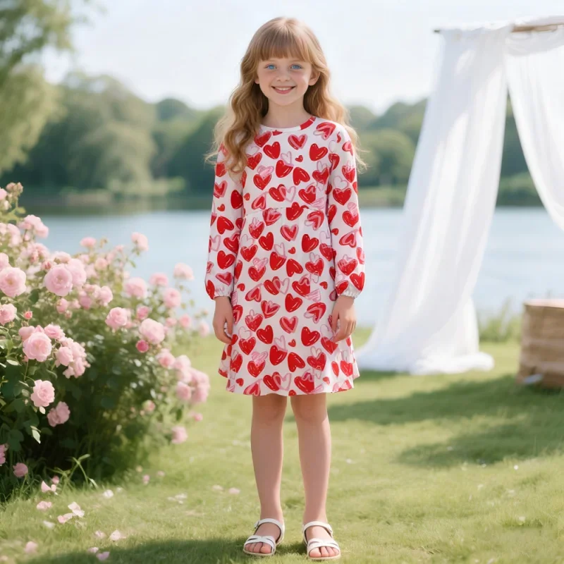 

2026 Платье с длинными рукавами для девочек и принтом сердца на весну и осень, милое детское платье в стиле принцессы