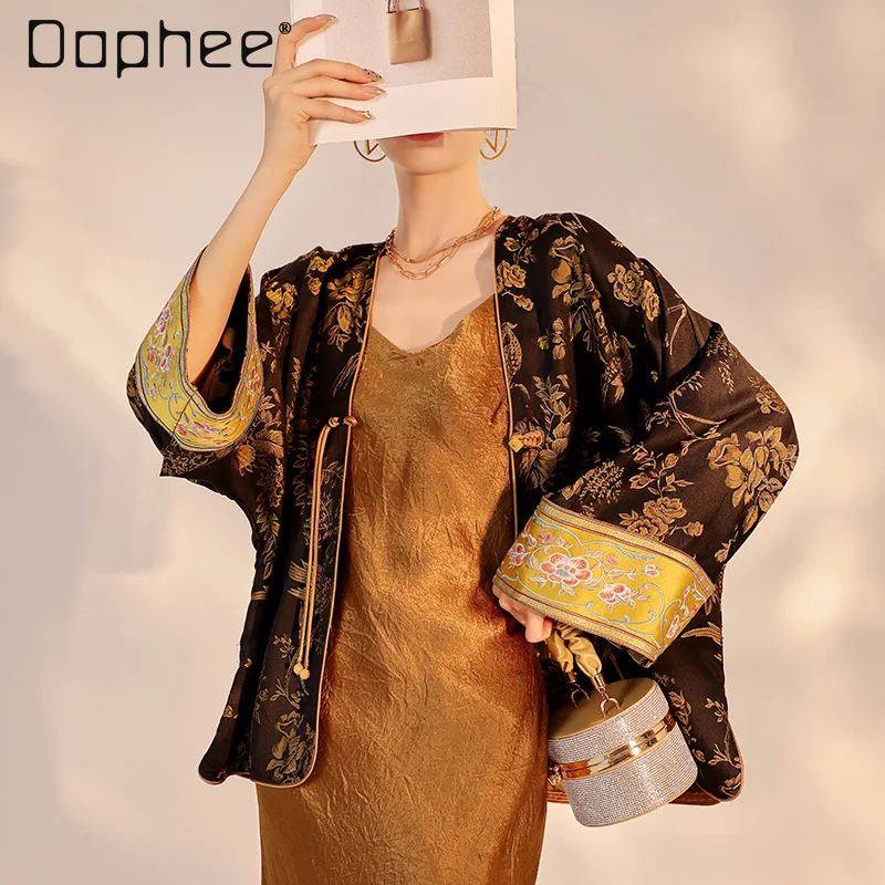 Retro Chinese Style Heavy Embroidery Floral High-End Jacket Loose V-Neck Patchwork Color Long Sleeve Light Luxury Loose Jackets