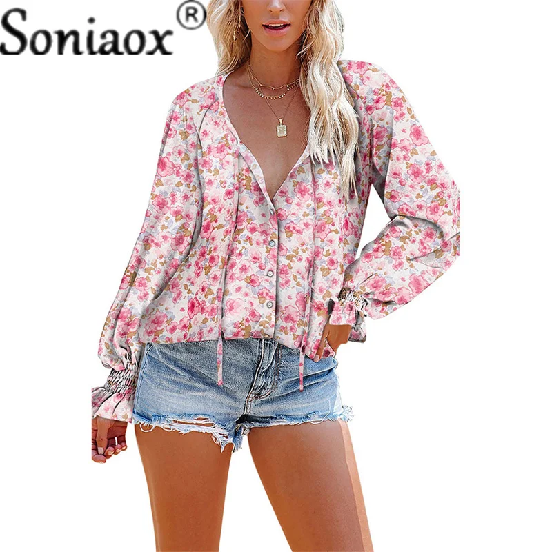 2022 autunno donna camicie larghe con scollo a v stampa floreale Pullover top donna Casual manica con volant camicette in Chiffon con coulisse