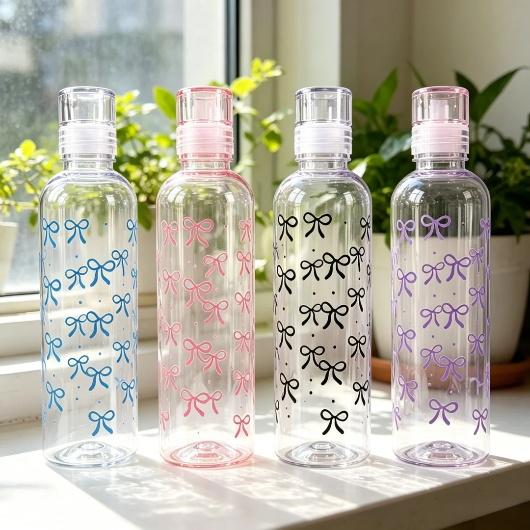 Bow Pattern Transparent Water Bottle, High Appearance Level Design,Multi-use for Juice, Coffee and Drinking Water, Trendy School