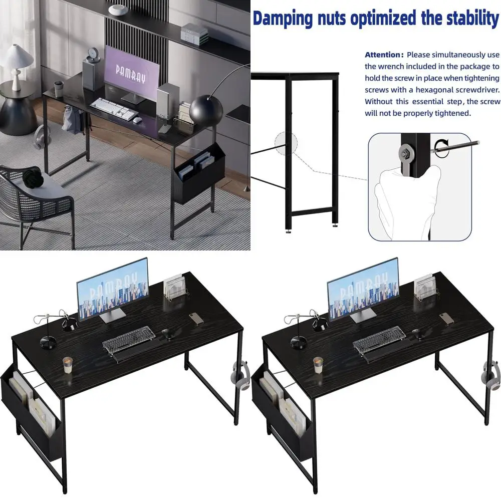 47 Inch Computer Desk for Small Spaces with Storage Bag, Home Office Work Desk with Headphone Hook, Small Office Desk Study Writ