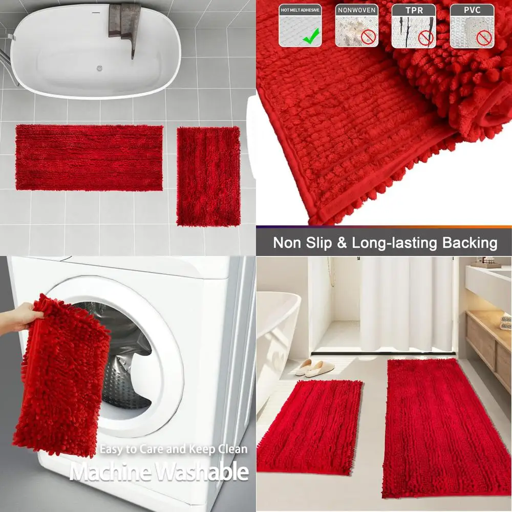 

Red Shaggy Bath Mats Set, 47x20 & 31x20 Inches, Non-Slip, Soft & Absorbent, Machine Washable