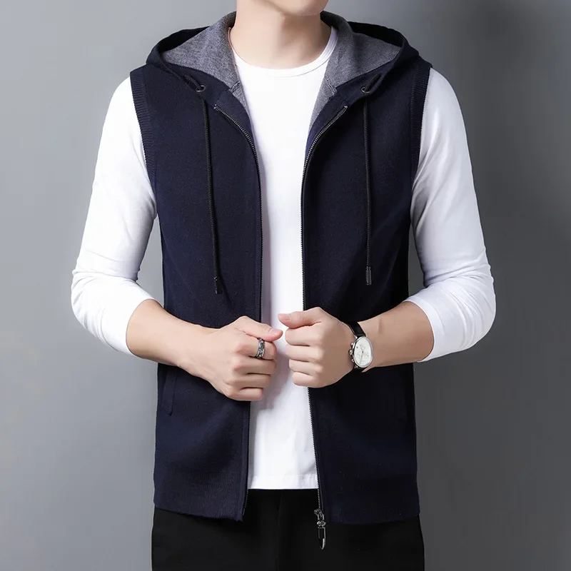 2024 New Hooded Knit Vest Fashion All Match Color Men's Thickened Winter Vest