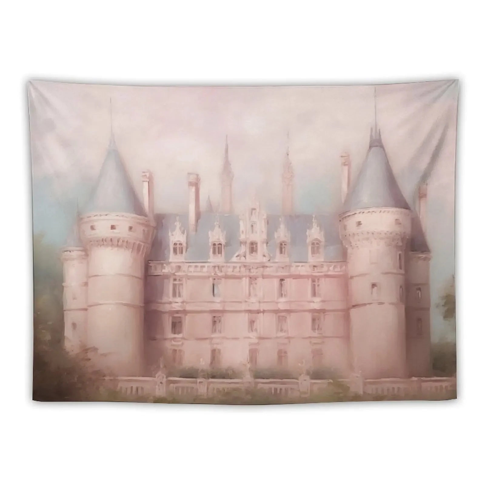 Coquette aesthetic vintage painting of pink castle Tapestry Home Supplies Bedroom Organization And Decoration Tapestry