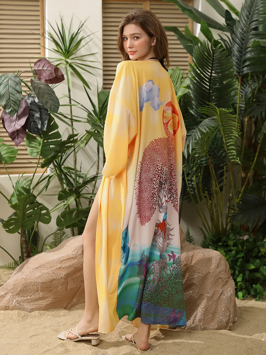 

Over Sized Kimonos Women's Geometry Print Rayon Kimonos for Summer Loose Open Front Soft Long Bird