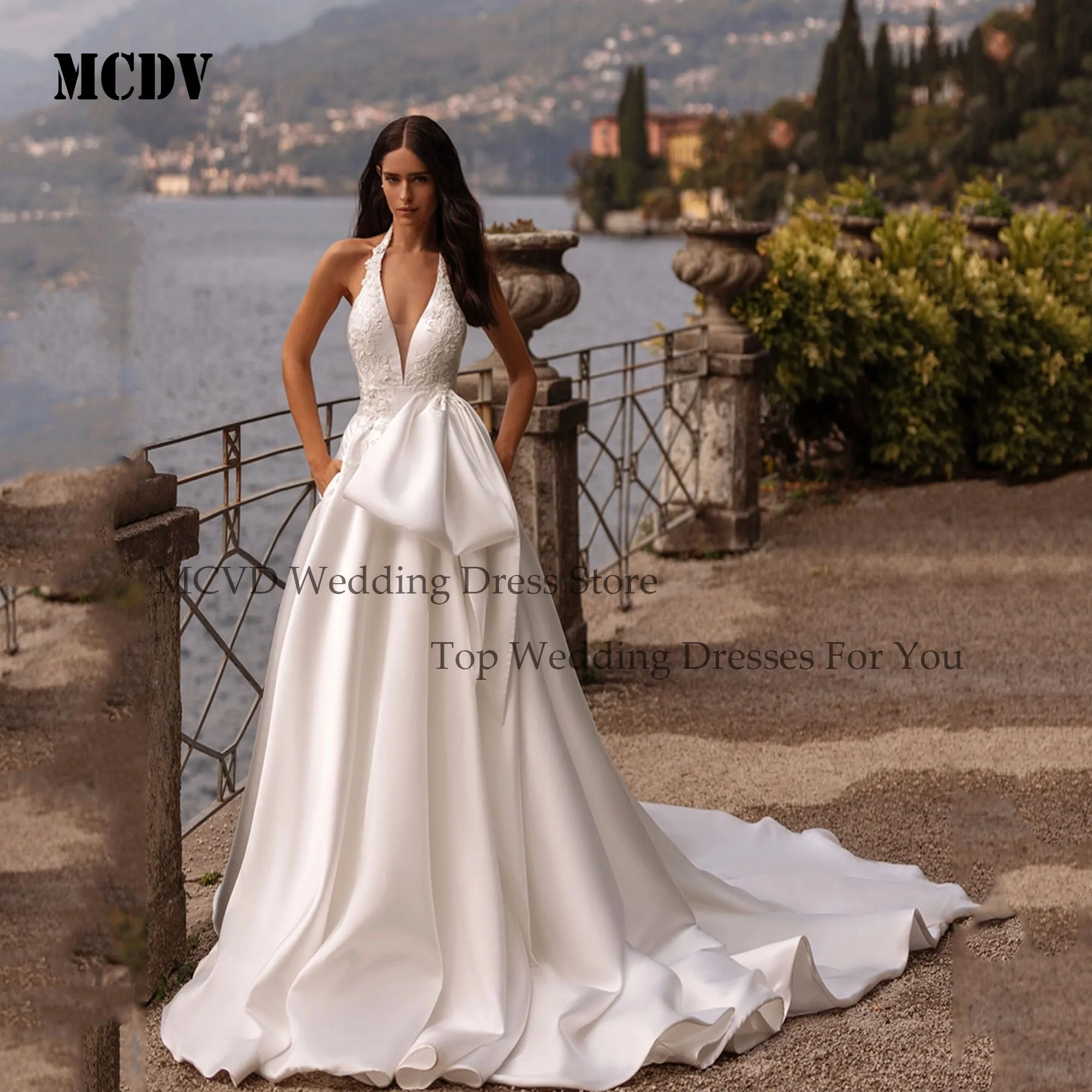 

MCDV Sexy Backless Halter Wedding Gowns Applique Lace A-Line Sleeveless Bride Gowns Bows Satin vestidos de novia Customized