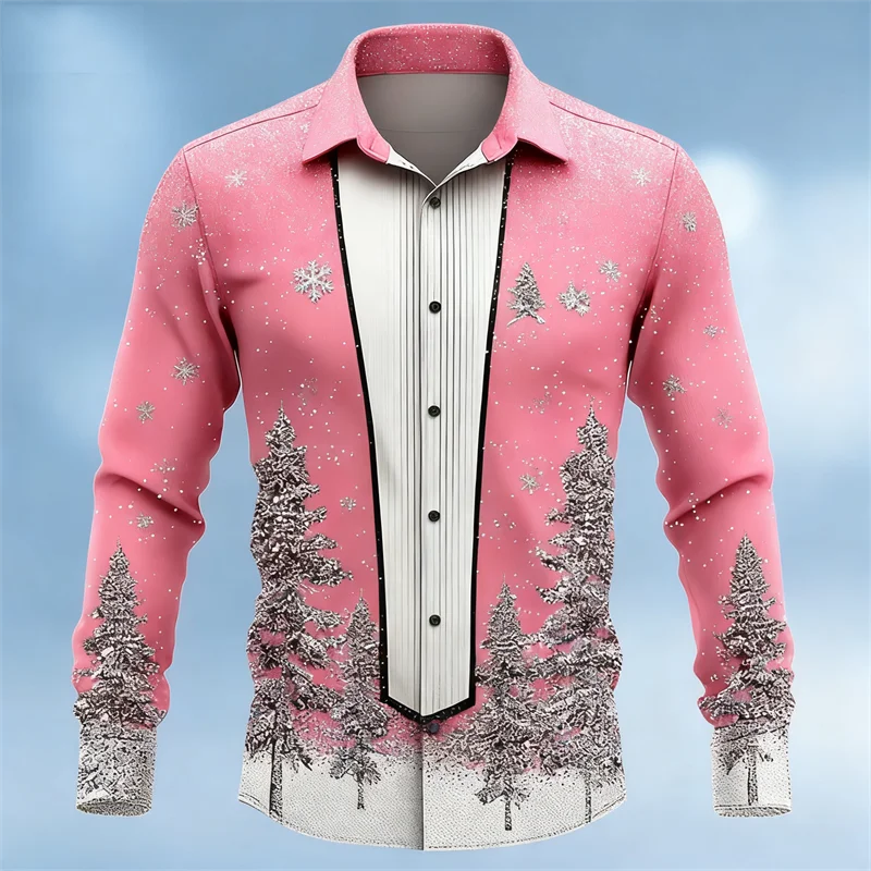 Men's Long Sleeve Lapel Shirt Christmas Tree Snowflake Print Comfortable Fashionable Casual Party Wear in 12 Colors
