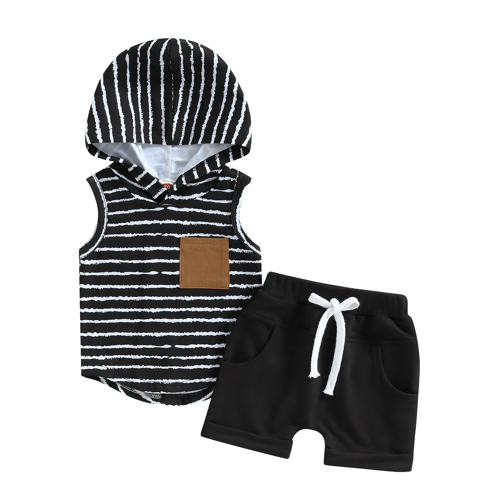 

Kids Boy Summer Outfits Striped Sleeveless Hooded T-shirt with Breast Pocket and Stretch Casual Short Set