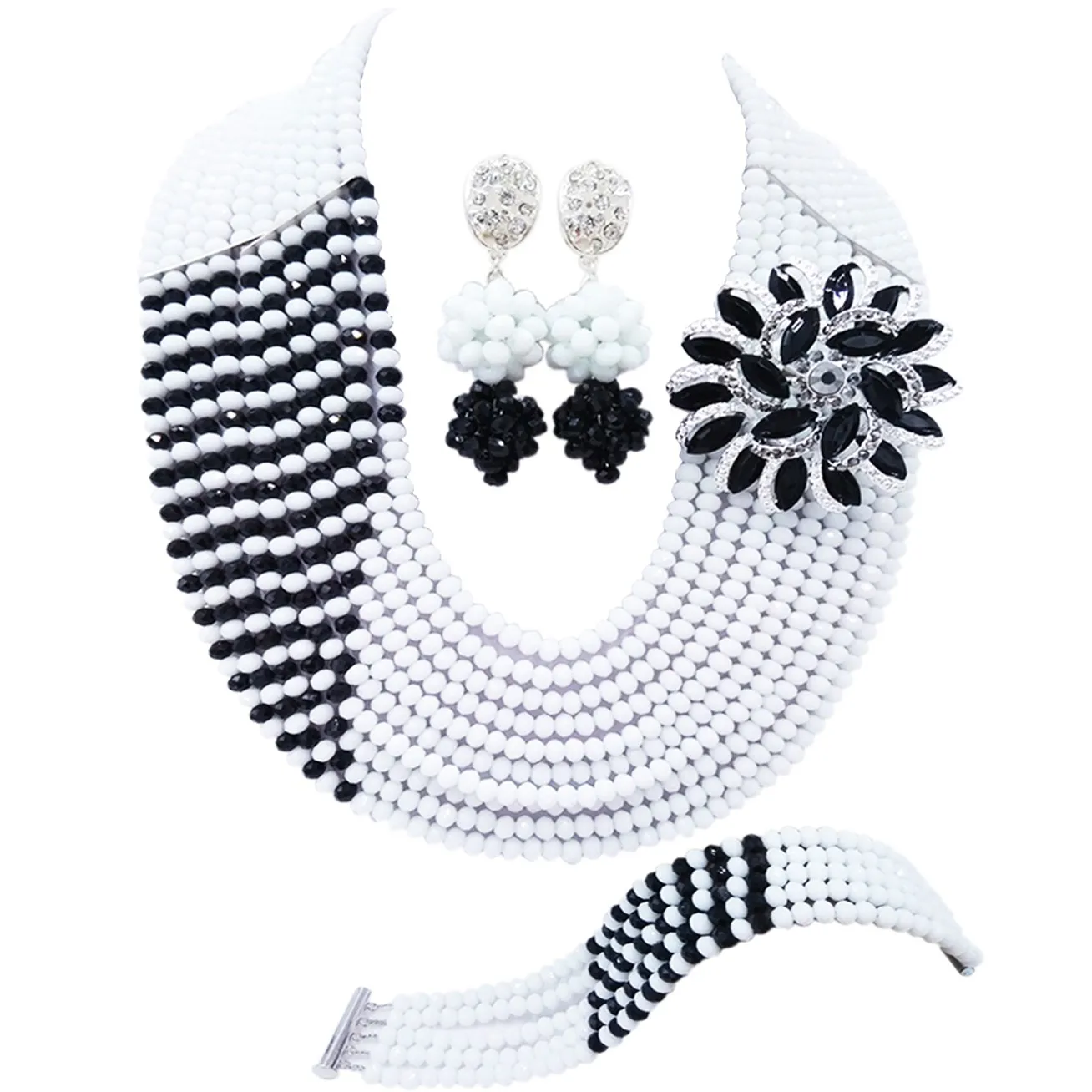 Laanc White and Black African Beads Jewelry Set Crystal Necklace for Women