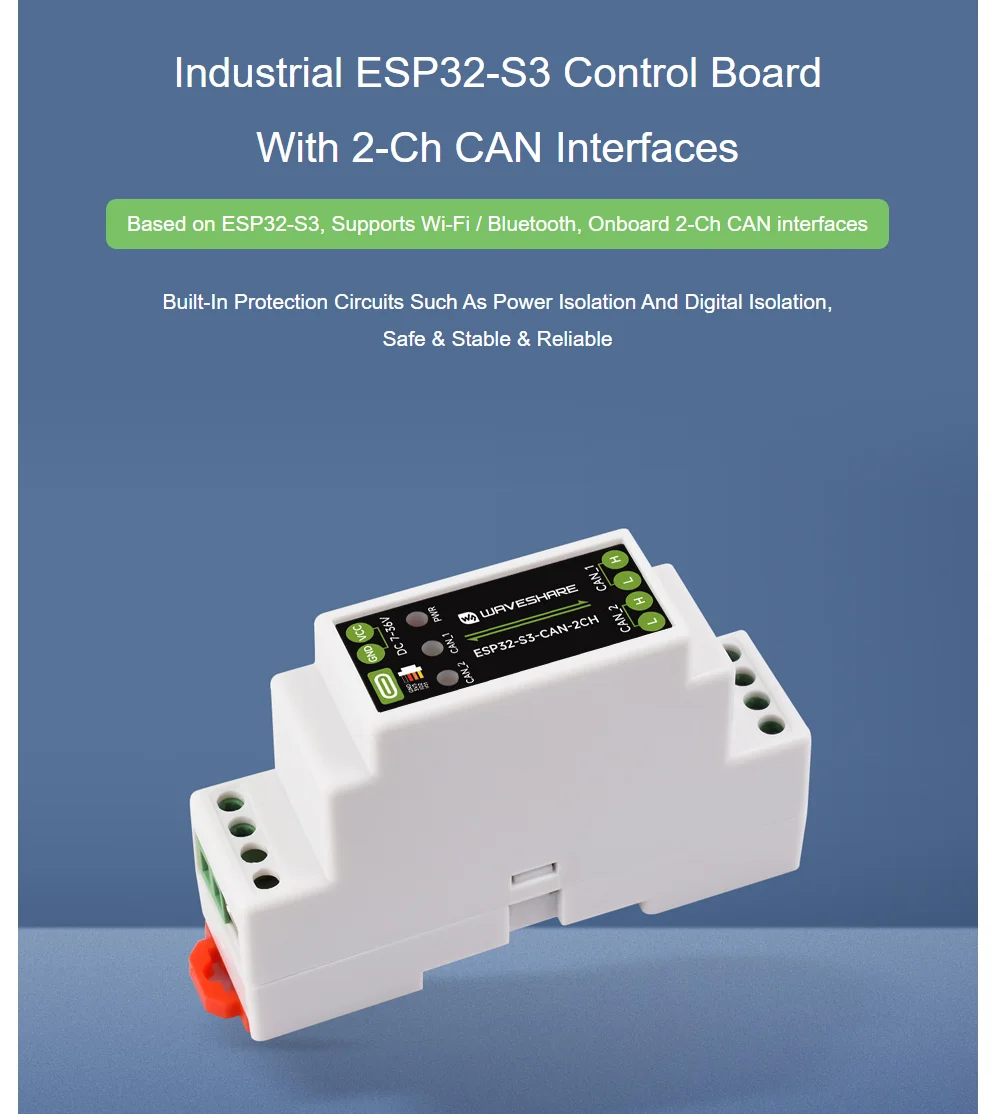 Industrial ESP32-S3 Control Board 2-Ch CAN Communication Wi-Fi Bluetooth Built-in Power Isolation for IoT Applications