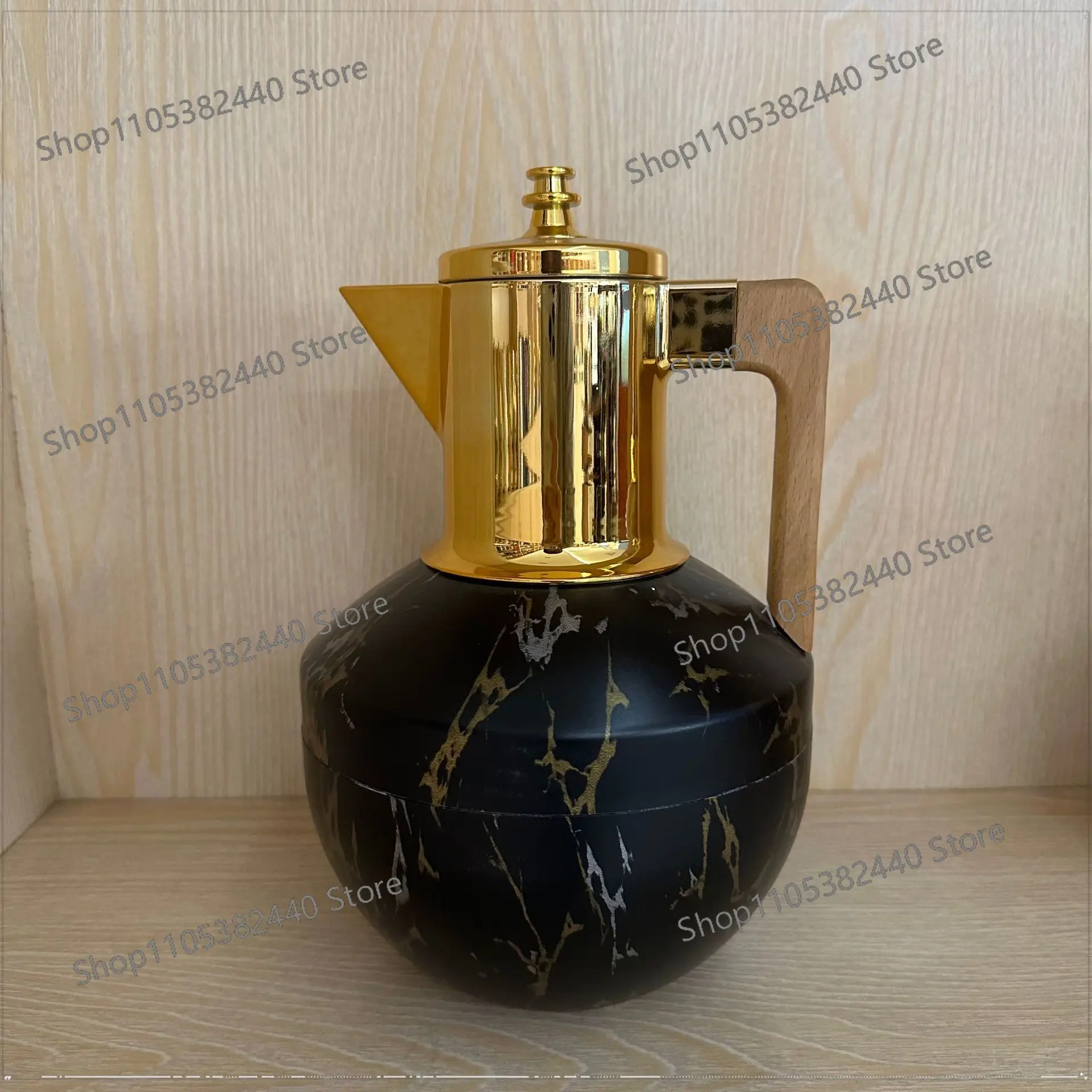 Gold-Plated Glass Liner Thermal Flask with Wood Handle, Large Capacity Vacuum Insulated Tea Pot for Home and Office