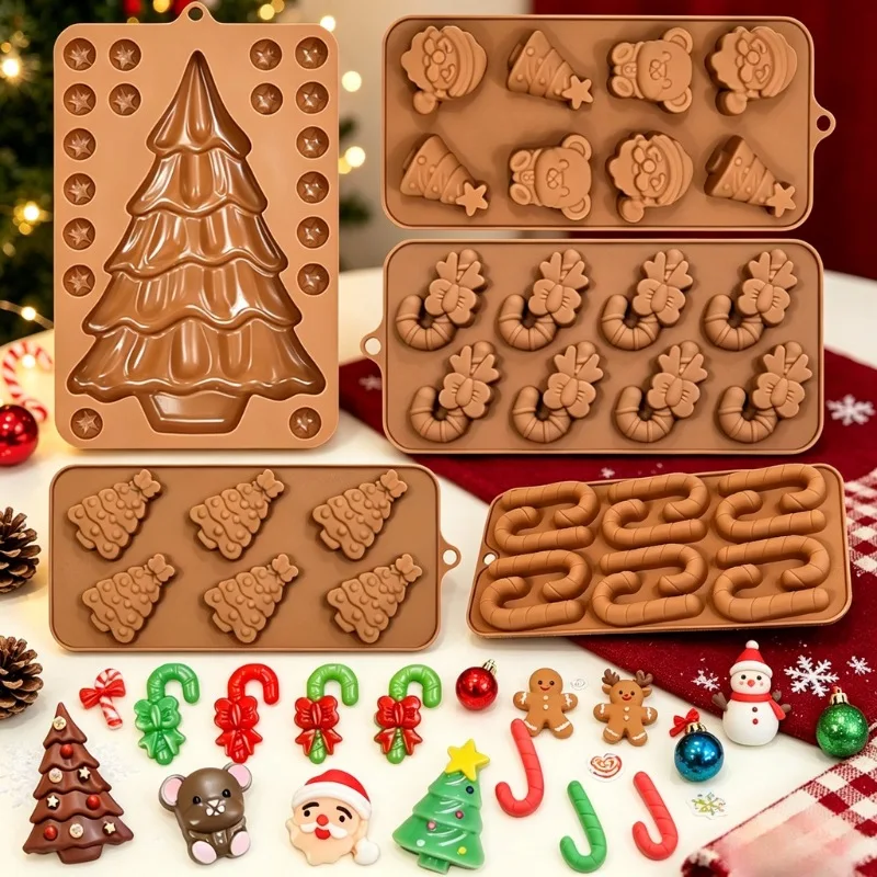 Multi-Connected Christmas Tree Chocolate Silicone Mold, Bow Tie Candy Stick Gummy Mold, Candy Baking Tool