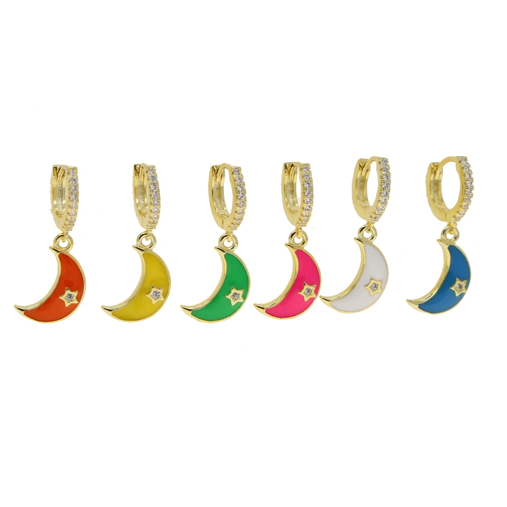 New Colorful Enamel Moon Drop Dangle Earrings for Women Micro Paved Star Cubic Zirconia Brass Gold Plated Color Fashion Jewelry