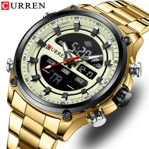Imagen 1 del producto CURREN-Reloj de pulsera de cuarzo para hombre, de doble movimiento cronógrafo deportivo, dorado y plateado, con correa de acero inoxidable, 8404