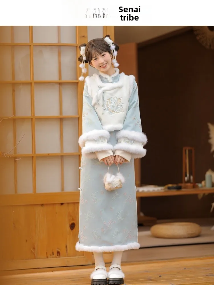 

Новый китайский зимний комплект Faion с цветочным принтом Qipao Dr And Vest, женская одежда ort Sve, теплый полиэстер на пуговицах