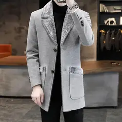 Men Woolen Coat Plush Fur Collar Medium Length Single-breasted Men Trench Coat Autumn Winter Wool Coat Thick Warm Men Overcoat