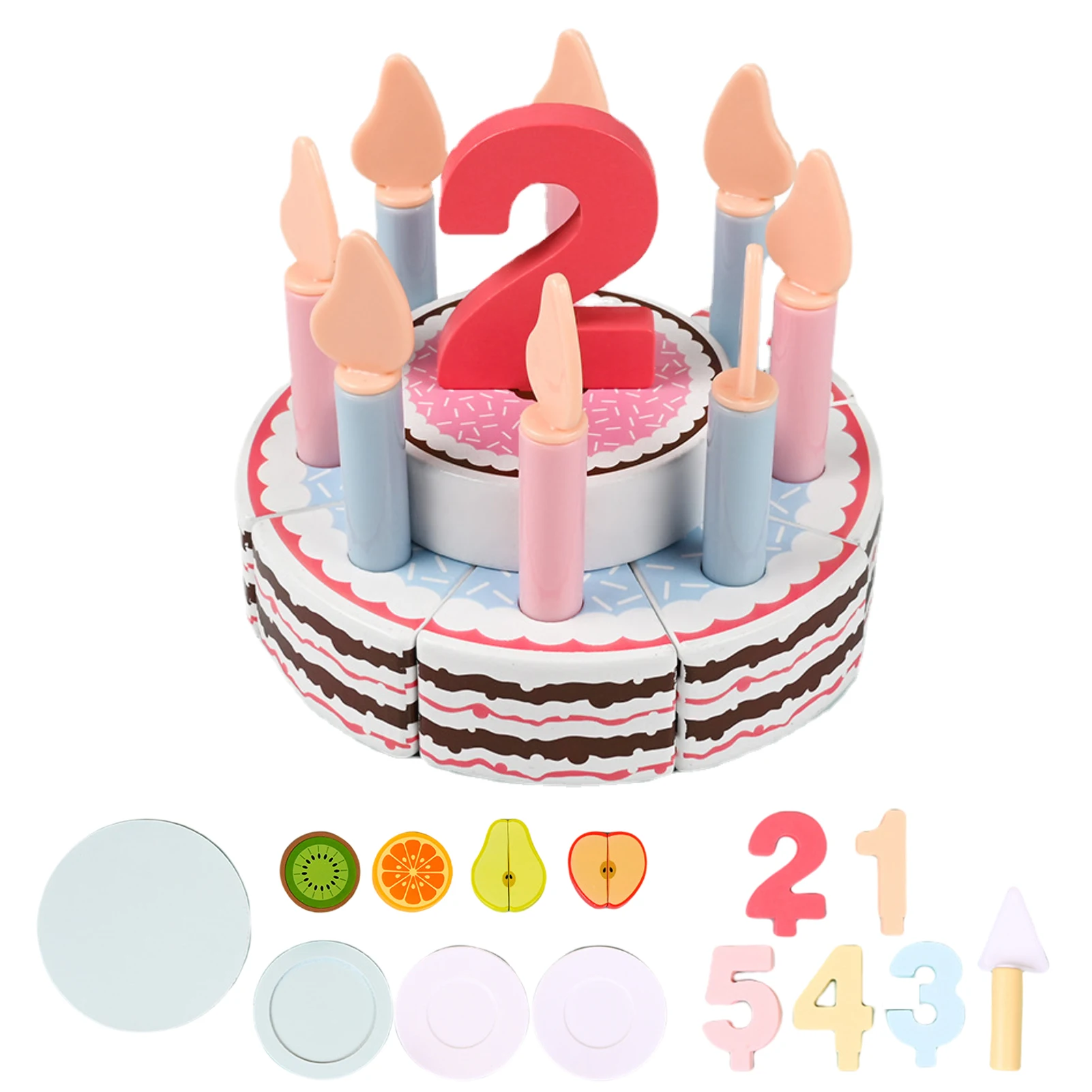 Wooden Birthday Cake Toy Miniature Food Wooden Cutting Birthday Cake Toys Food Set Learning Educational Montessori Party Toys