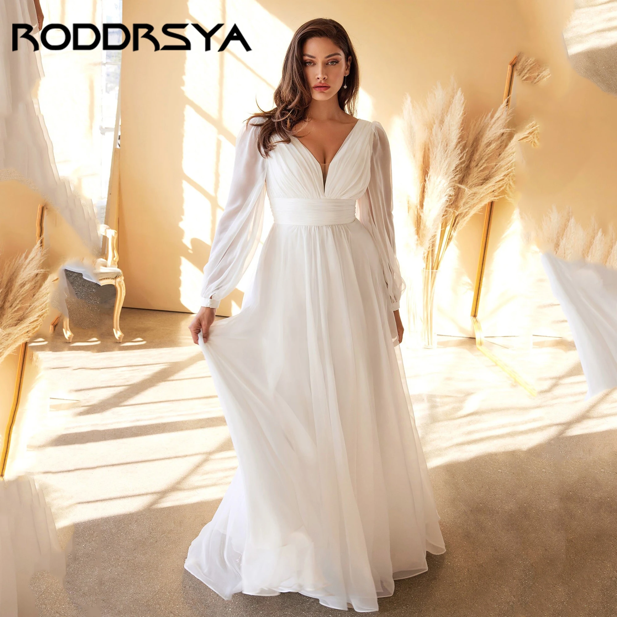 

Luxury Wedding Dresses V-Neck Robe Ruched Chiffon Bishop Sleeve Bridal Gowns Classic Elegant Vestidos De Noiva 2025 Customized
