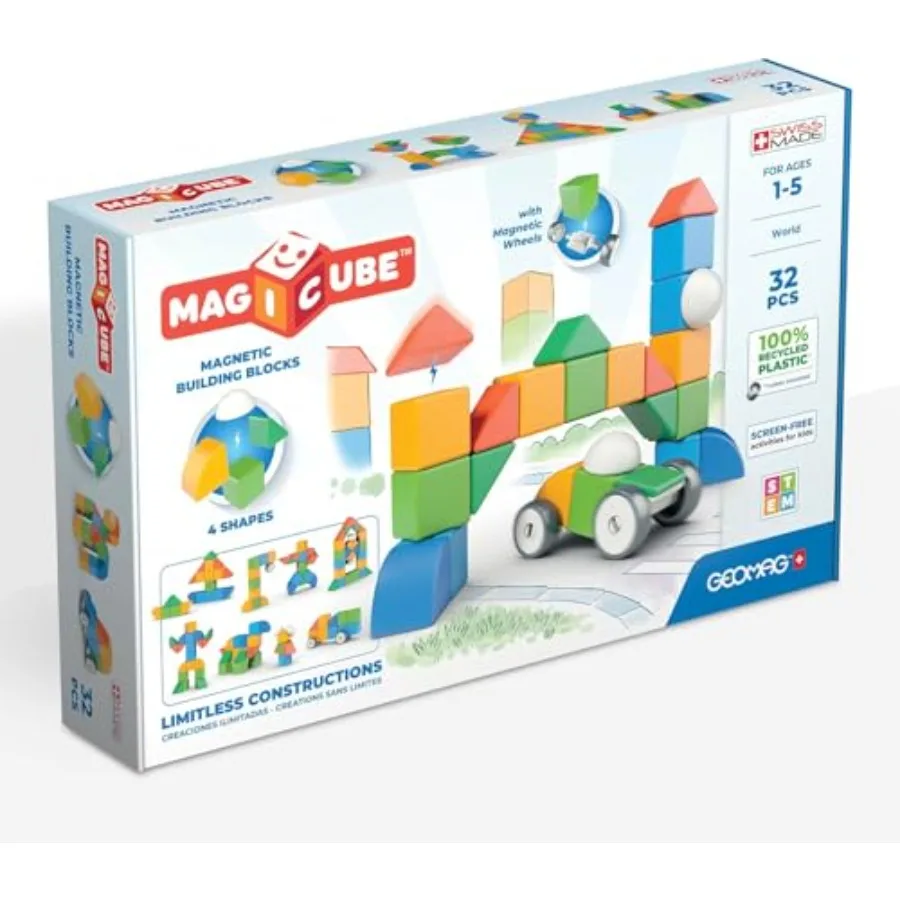 

STEM building toy for toddlers ages 15 Swiss-made magnetic blocks in multicolor durable plastic promotes early learning and cre