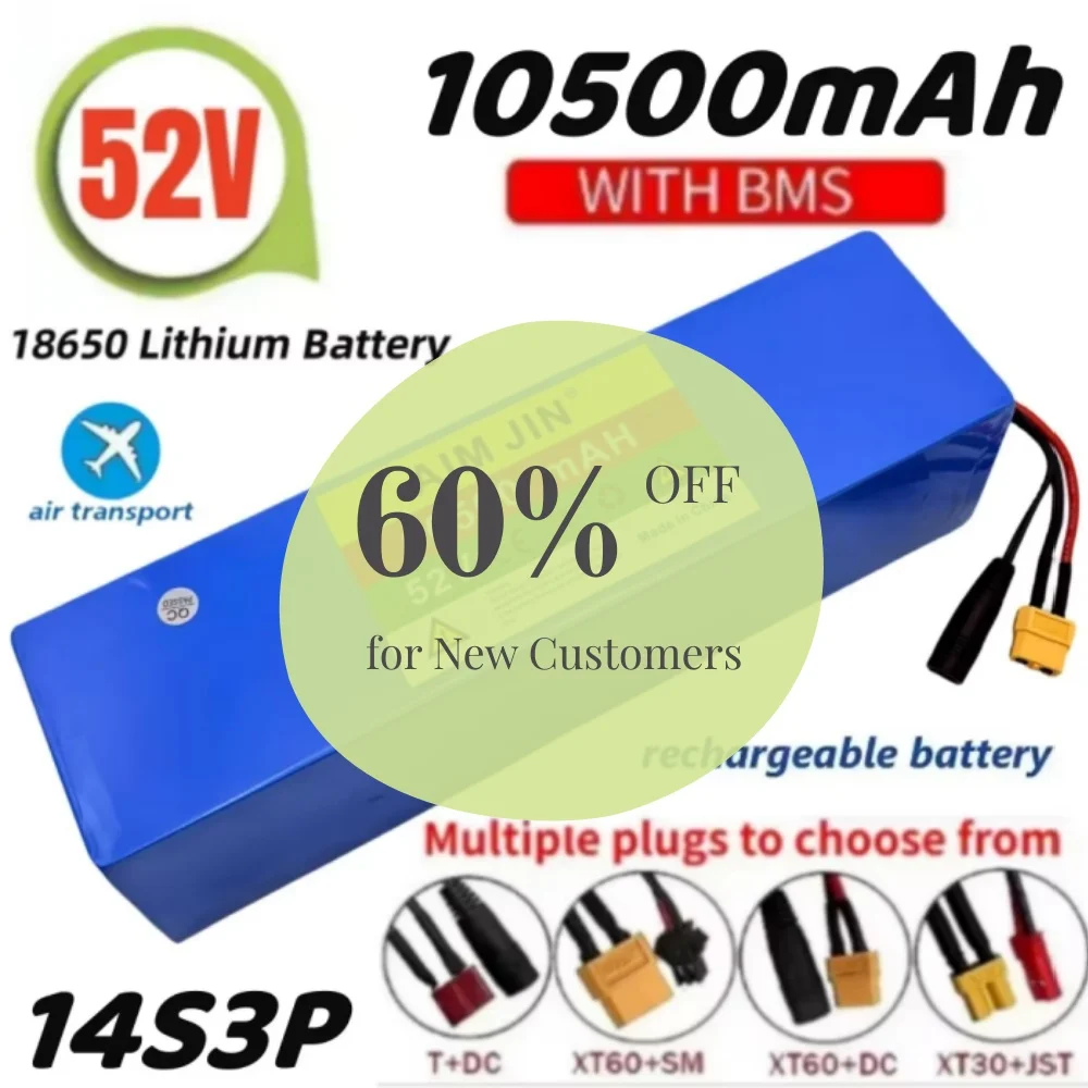 

52V 10500mAh Lithium Battery Pack Built-in BMS 18650 14S3P for 1500W 1000W Motorcycle Electric Scooter High Capacity Power Sourc
