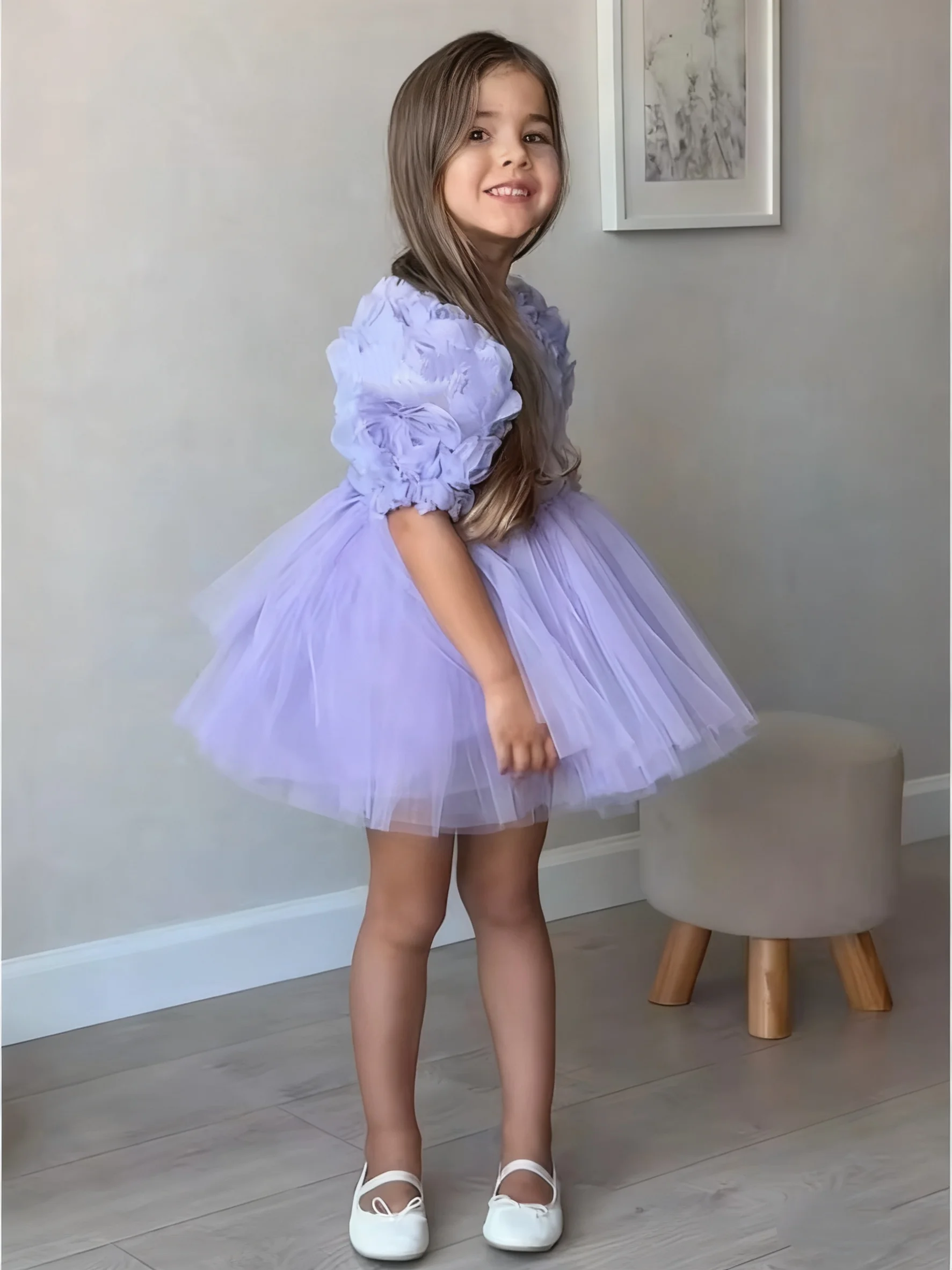 A-line Skirt Knee-Length Puffy Tulle Girls' Dress Children’s Wedding Party Dress Floral Girls' Evening Gown Customizable