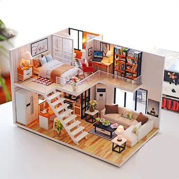 Assemble DIY Wooden House Dollhouse Kit Wooden Miniature Doll Houses Miniature Dollhouse Toys with Furniture LED Lights Gift