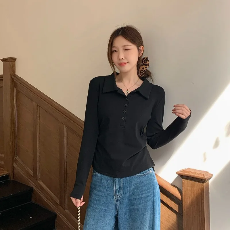 Women Long Sleeve T-Shirt Polo Collar Straight Shoulder Irregular Design Slim Fit Tummy Cover Chic Autumn Top for Curvy Fashion​
