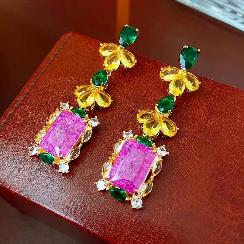 Bilincolor Zircon Droplets Pink Square Long Earrings for Women