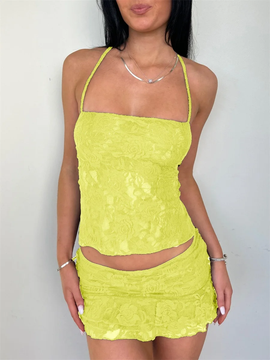 Летний комплект с однотонной юбкой для девочек, укороченный топ с лямкой на шнурке и рюшами, плиссированная юбка с эластичной резинкой на талии, комплект клубной уличной стиль, S-XL