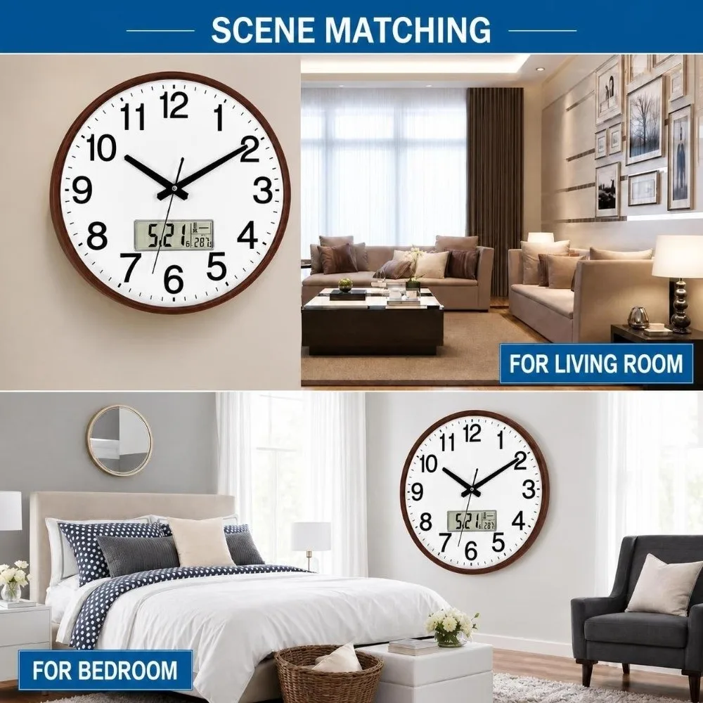10 Inch Round Wall Clocks Battery Operated with Calendar Hanging Clock Accurate Numerals Easy-to-read Wall Mounted Clock