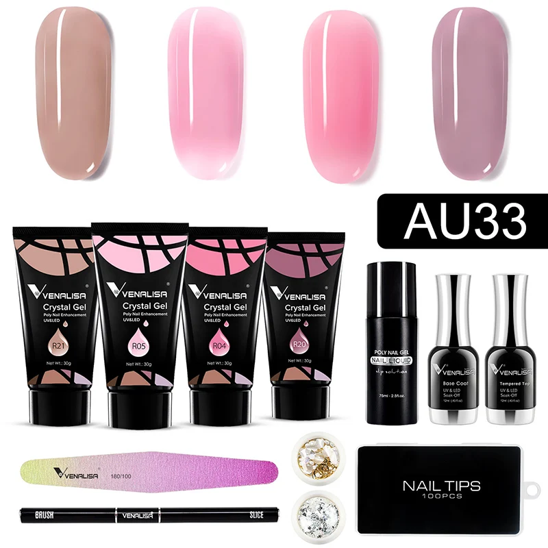 AU31 Poly Crystal Gel Kit Venalisa Soak Off UV LED Nail Manicure Semi Permanent Professional Salon Use 30g Fast Builder Nail Gel