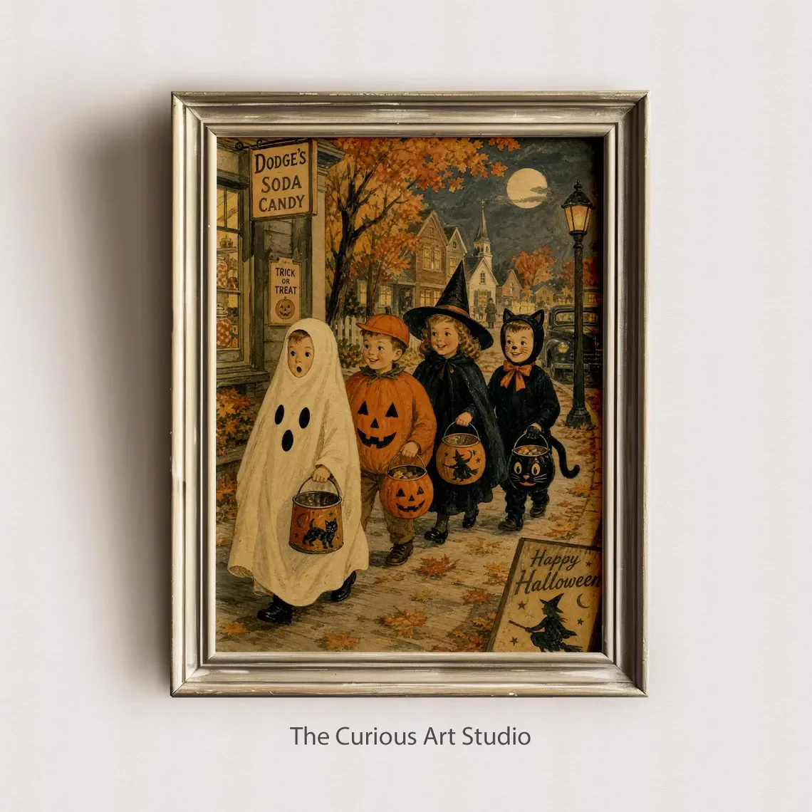 Trick or Treat Kids Nursery Halloween Print, Vintage Pumpkin Ghost Witch Wall Art
