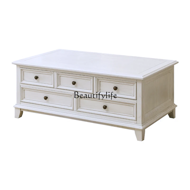 

American country five drawer coffee table solid wood white living room American furniture ash wood coffee table