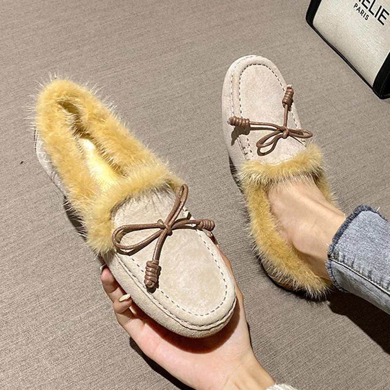 Classic Bowtie Mocasines Woman Mink Fur Flats Genuine Leather Shoes Ladies Winter Furry Boots Warm Plush Cotton Loafers Femmes