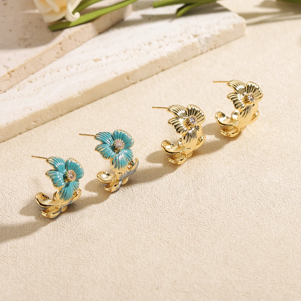 French Vintage Double 3D Enamel Flower C Hoop Earrings for Women Elegant Teal Blue Glaze Crystal Floral Stud Retro Jewelry