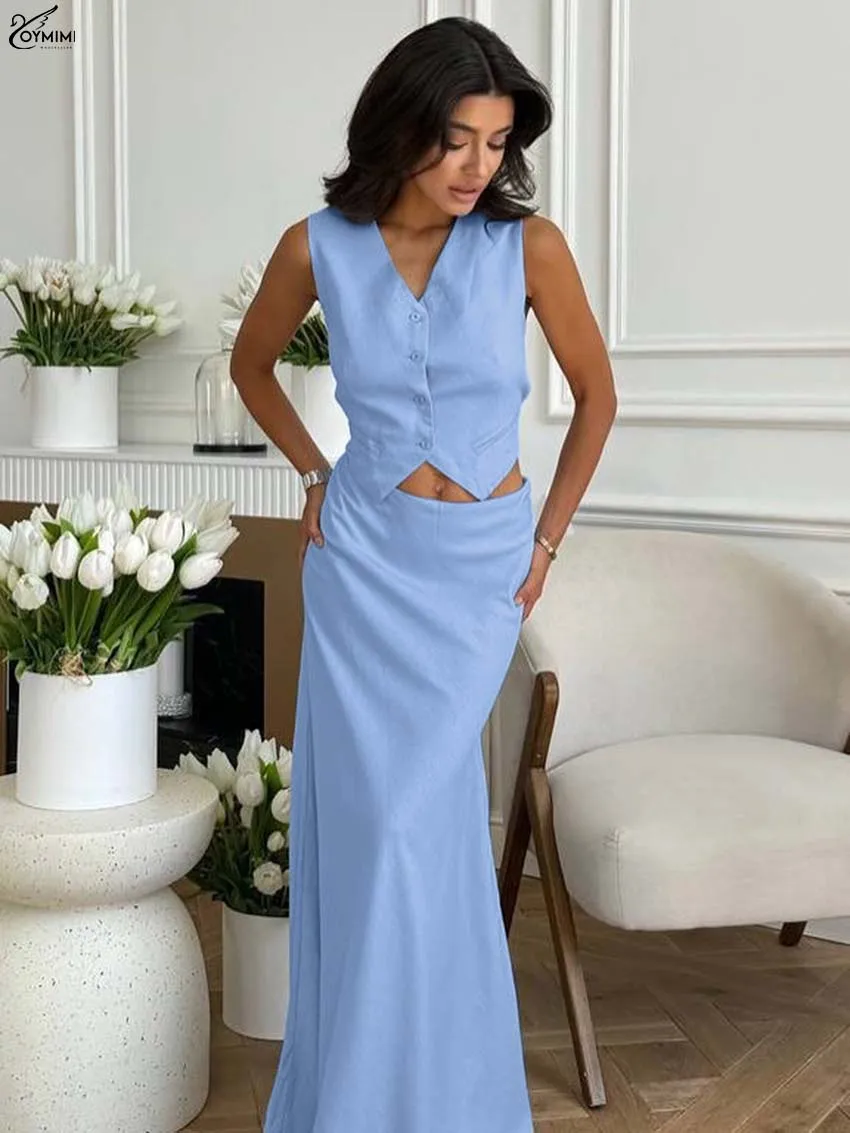 

Oymimi Casual Blue Cotton Two Piece Set Woman Fashion V-Neck Sleeveless Button Lace-Up Crop Shirts + Simple Straight Skirts Sets
