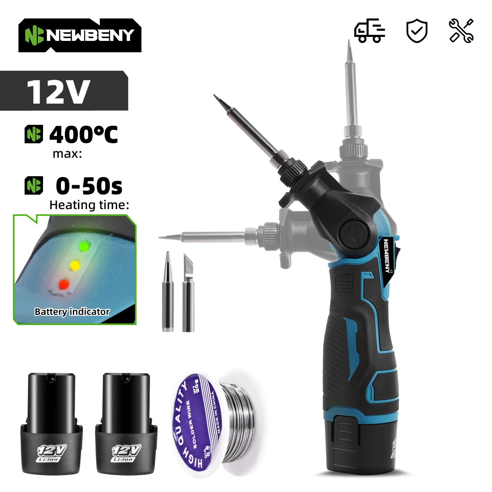 NEWBENY 400 ℃   Fer à souder électrique sans fil 90 °   Pistolet à souder portable à température constante, outils de soudage pour batterie 12V