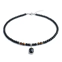 Black Beads with Square Pendant Necklace for Men Trendy Accessories on the Neck Collar 2024 Fashion Jewelry Male Gift Decoration
