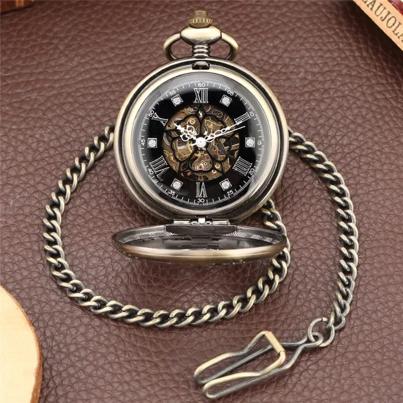 Bronze Unisex Skeleton Handwind Mechanical Pocket Watch Roman Number FOB Chain Half Hunter Case Vintage Timepiece