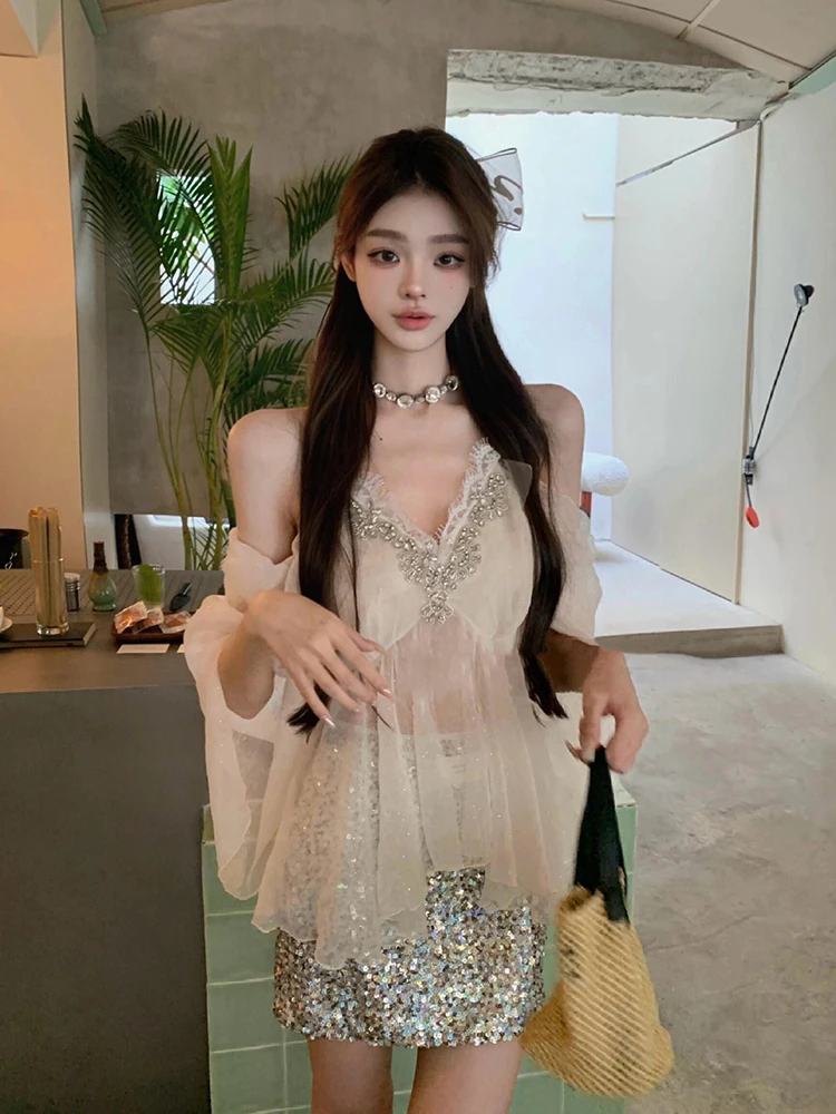 

Ele Sweet Sle V-Ne Off-oulder Lace irt Heavy Embroidery Me Top New 2024 Faion Versatile Charming Small irt